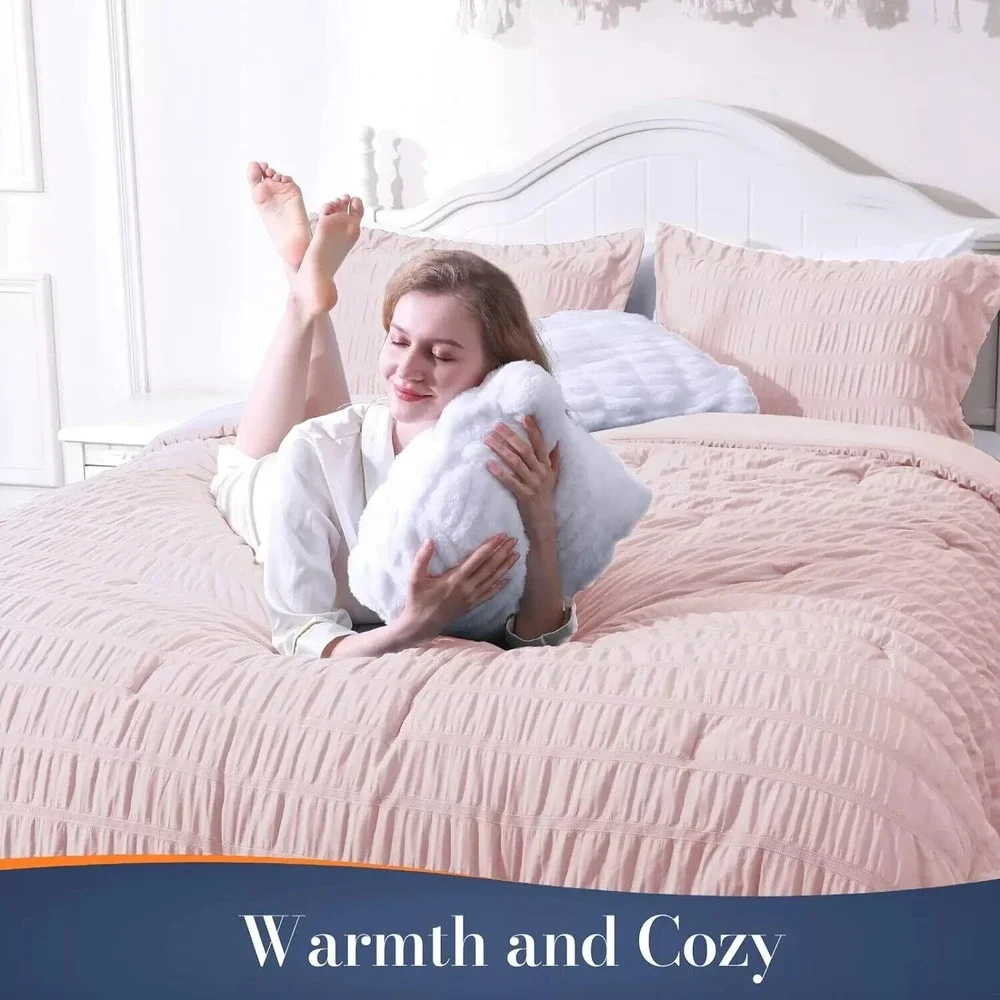 Pink Seersucker Comforter Set King Size (104X90 In), 3 Pieces Crinkle